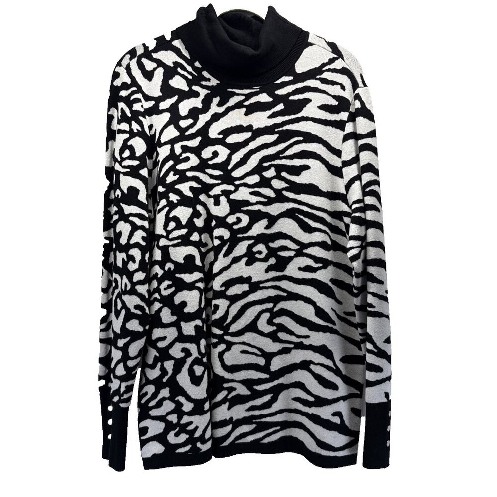 Chicos Women's Thick Knit Pullover Sweater Size L Black White Animal Long Sleeve
